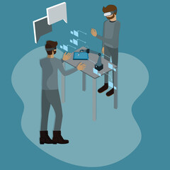 Flat design of virtual reality technology,Two men analyzing the production process from virtual reality simulator - vector