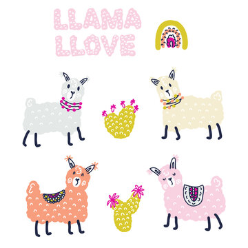 Doodle vector collection of lamas, cactuses and text LLAMA LLOVE. Perfect for scrapbooking, stickers, textile and prints. Hand drawn illustration for decor and design.
