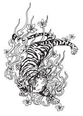 Tattoo art tiger and flowers hand drawing and sketch black and white
