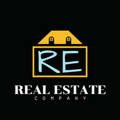 Architecture firm logo. A rectangle with outline containing the letter R and E decorated with simple topping of the roof of a house, with ‘Real Estate’ text below and ‘Company’ as tagline lower. EPS8