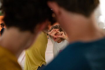 couple dancers move in contact improvisation performance