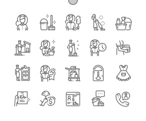 Fototapeta premium Maid. Cleaning service. House cleaner. Maid checklist. Clean towels. Pixel Perfect Vector Thin Line Icons. Simple Minimal Pictogram