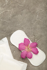 White sanitary pad, hygiene protection on a grey background. Gynecological menstrual cycle. A rose flower lies on a menstrual pad. First menstruation