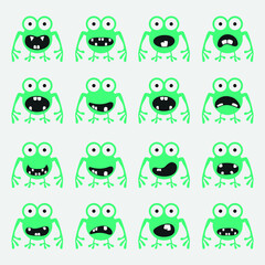 set of sixteen cute green frog monsters with emotions isolated on white