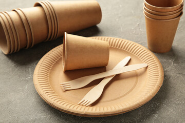 Eco friendly disposable tableware on a grey background.