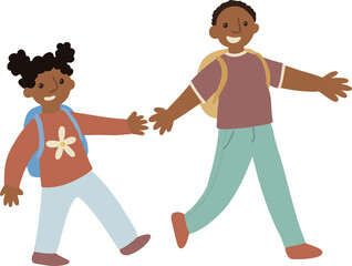 Back to school vector illustration. Big brother and little sister going to school with schoolbag. Happy cartoon digital drawing. 