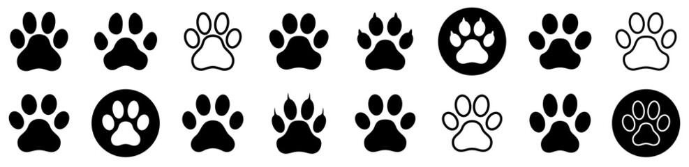Dog paw print set. Paw icon collection. Vector illustration - obrazy, fototapety, plakaty