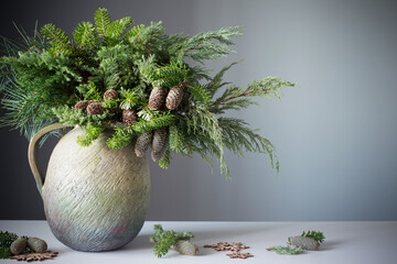 christmas natural bouquet in old ceramic jug on background gray wall