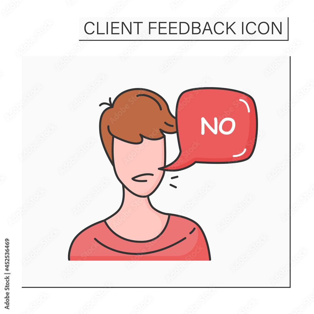 Aufkleber customer negative feedback color icon. client head with negative comment speech bubble. marketing se