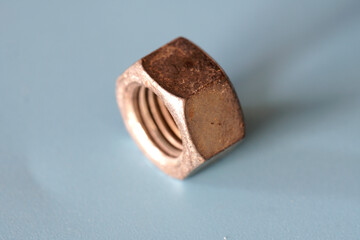 Old rusty nut, metal screw and bolt