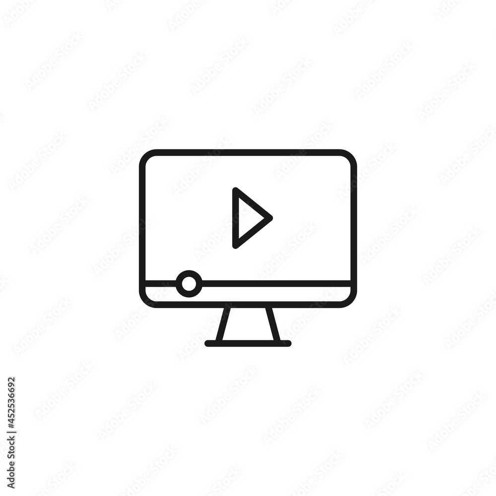 Poster line icon of play sign and soundtrack on screen of computer