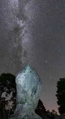 Huge boulder under the milky way, vertical composition