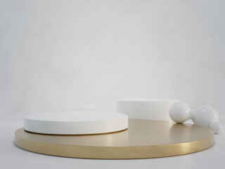 Round white marble podium with a metallic gold base on concrete floor and empty wall background in luxury studio scene. Modern showroom interior 3d rendering image for product display.