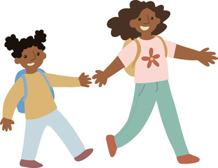 Back to school vector illustration. Two sisters going to school with schoolbag. Happy cartoon digital drawing. 