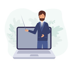 Online education, learning concept. Online teacher on computer monitor. Webinar,video seminar learning vector concept. Female teacher with books. video lesson. Vector illustration in flat style