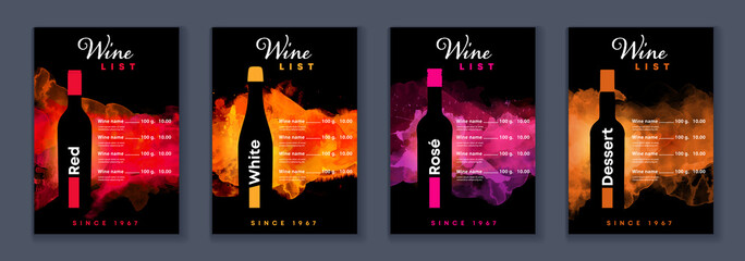 Fototapeta Wine list menu cover bundle set of watercolor on black background with shape of wine bottle obraz