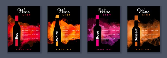 Fotobehang Wine list menu cover bundle set of watercolor on black background with shape of wine bottle © Eva Kali