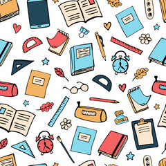 Seamless pattern with school and office stationery. Doodle pattern for decorating the covers of notebooks, books, posters, fabric, wallpaper.