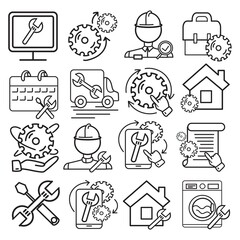 Vector set of repair flat icons. Contains icons device repair, technical support, engineer, tool kit, home repair, maintenance, list works and more.