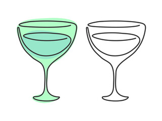 One line drawing vermouth glass on white background. Two kinds colored cartoon graphic sketch and black white. Continuous line way. Hand drawn party drinks concept. Freehand drawing style