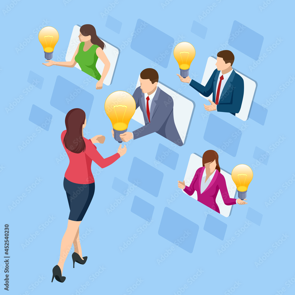 Poster isometric light bulb as metaphor idea. brainstorming concept. idea and business concept for teamwork
