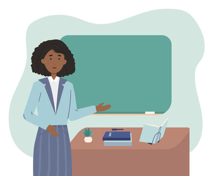 African american female school or university teacher or professor standing next to classroom chalkboard at blackboard in classroom. Teacher teacher showing on board. Vector illustration, flat