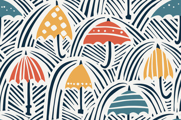 Fototapeta na wymiar Umbrellas and rain linocut seamless pattern - design for fabric, wrapping, textile, wallpaper, background.