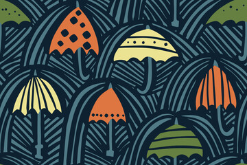Umbrellas and rain linocut vector seamless pattern - design for fabric, wrapping, textile, wallpaper, background.