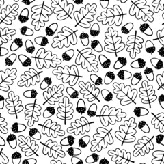 Black and white seamless patten with oak leaves and acorns