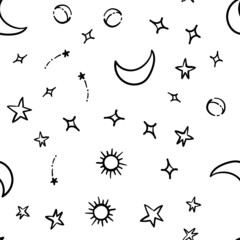 Stars, planets and moons seamless pattern. Hand drawn sky element doodles. Background texture. Space, universe and cosmos.