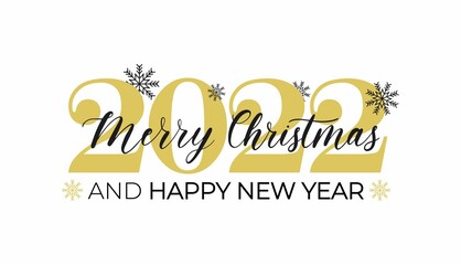 Fototapeta na wymiar Merry Christmas and Happy New Year typography greeting card with lettering and snowflakes. 2022 New Year design template for poster, banner, print etc. Vector flat style illustration