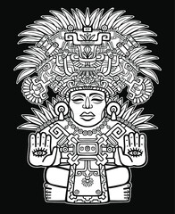 Decorative image of an ancient Indian deity. Motives of art Native American Indian. Ethnic design, tribal symbol. Vector illustration: the white drawing isolated on a black background.