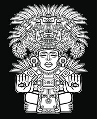 Decorative image of an ancient Indian deity. Motives of art Native American Indian. Ethnic design, tribal symbol. Vector illustration: the white drawing isolated on a black background.