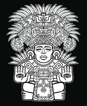 Decorative image of an ancient Indian deity. Motives of art Native American Indian. Ethnic design, tribal symbol. Vector illustration: the white drawing isolated on a black background.