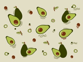 Seamless avocado pattern. Vector on light brown background with avocado slices.