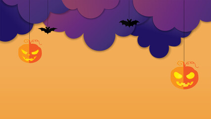 Vector illustration background for banner or poster for Halloween. Clouds and moon in paper cut style. Pumpkins and bats