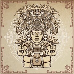 Linear drawing: decorative image of an ancient Indian deity. Motives of art Native American Indian. Ethnic design, tribal symbol. A background - imitation of old paper. Vector illustration.