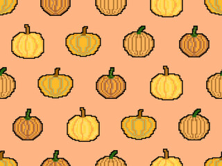Pumpkin seamless pattern in pixel art style. 8 bit pumpkin in 2D retro style. Design for printing, wrapping paper and advertising. Vector illustration
