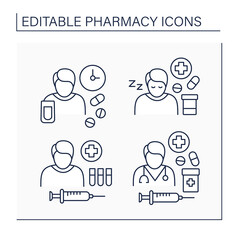 Pharmacy line icons set. Antibiotic management,dosage, drug therapy, side effects. Healthcare concept. Isolated vector illustrations. Editable stroke