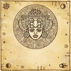 Obraz premium Linear drawing: decorative image of an ancient Indian deity. Space symbols. A background - imitation of old paper. Vector illustration.