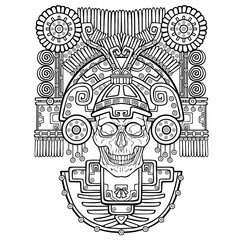 Stylized skull. Pagan god of death. Motives of art Native American Indian. Vector illustration: the black silhouette isolated on a white background. Be used for coloring book. Print, posters, t-shirt.