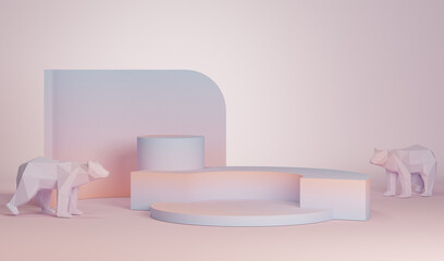 Many polar bear statues and sculptures with podium on a pastel background. Different concept idea. Trendy 3d render for social media banners, promotion, product
