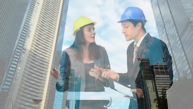 Animation of building site over business people talking in office