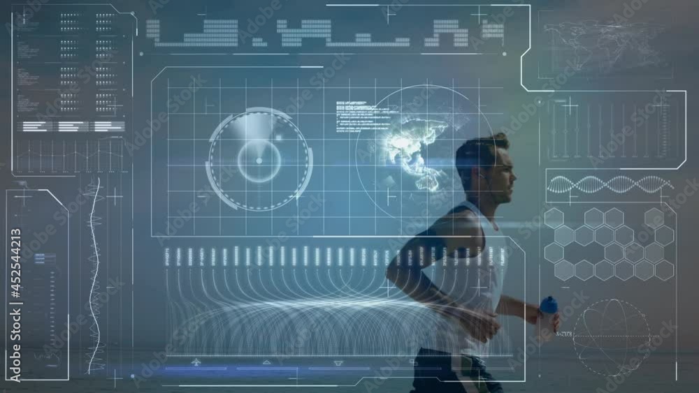 Poster animation of data processing over fit man running