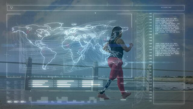 Animation of data processing over fit woman running