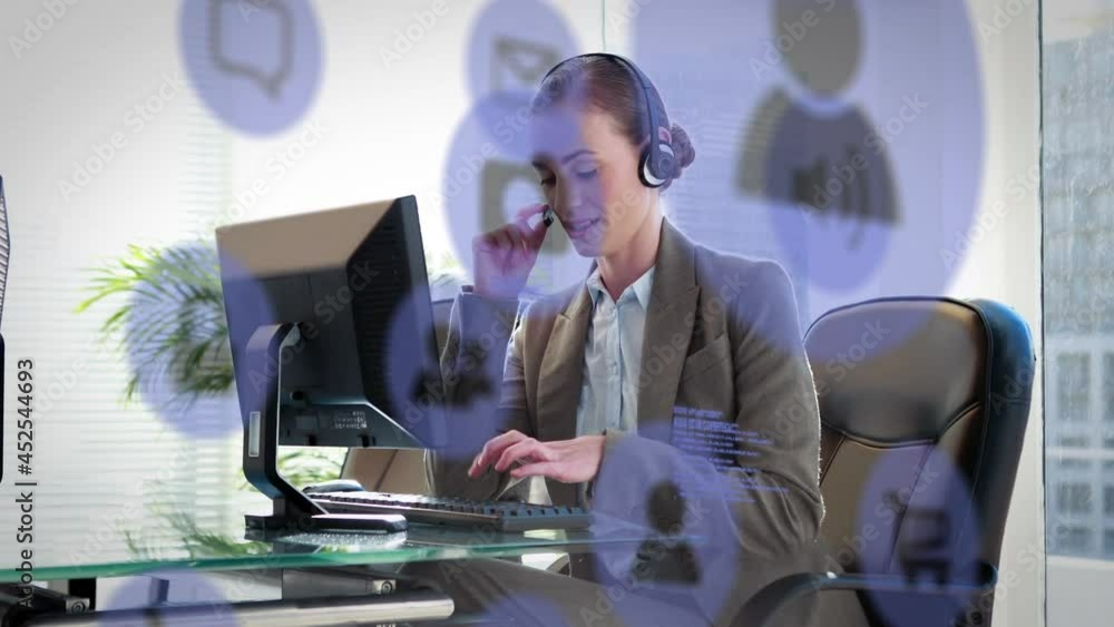 Poster animation of media icons floating over businesswoman using computer
