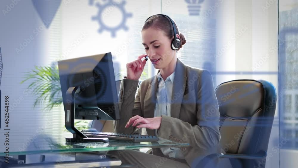 Poster animation of media icons floating over businesswoman using computer