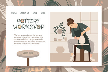 Pottery banner, website template, web page, landing page. Design for website and mobile site. Pottery school, ceramics courses, master class, workshop. Vector layout.