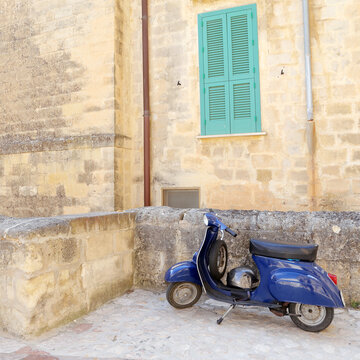 Matera, Italy - August 17, 2020: classic Vespa is one of the products of the industrial design world's most famous and most often used as a symbol of Italian design