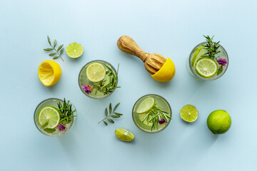 Fresh cold beverage with summer herbs and lemon in glasses